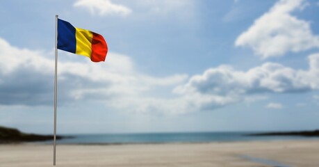 Composite image of waving romania flag against beach and clouds in blue sky - obrazy, fototapety, plakaty