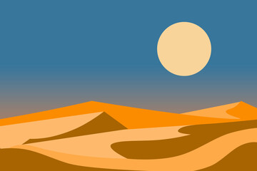 Sandy hills in the desert against the background of the sky and the sun © Daria