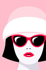 Woman in pink hat and pink glasses on pink background