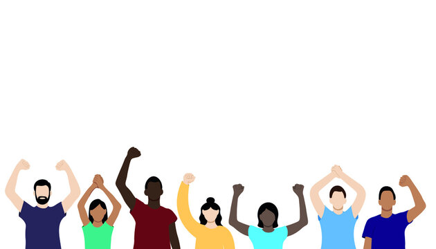 Set of portrait images of girls and guys of different nationalities with their hands raised above their heads, flat vector on a white background, faceless illustration