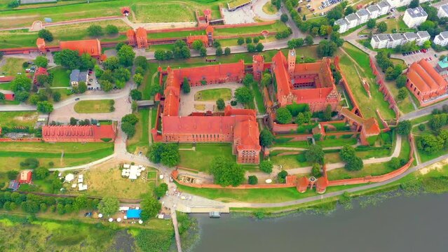 Aerial view of Castle of the Teutonic Order in Malbork, Malbork ( Zamek w Maborku, Ordensburg Marienburg ), largest by land in the world, UNESCO World Heritage Site, Poland