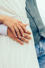 male and female hand with wedding rings