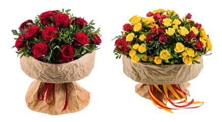 Wedding bouquet set on isolated white background. Flower bouquets with roses, tulips, peonies, leaves. Bridal bunch of flowers