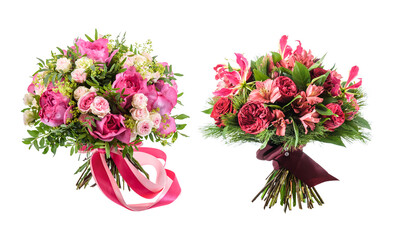 Wedding bouquet set on isolated white background. Flower bouquets with roses, tulips, peonies, leaves. Bridal bunch of flowers