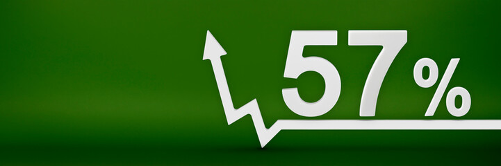 57 percent. The arrow on the graph points up. Rising prices, inflation, increase in income, increase in interest rates, taxes. 3d banner, fifty seven percent sign discount on a green background.