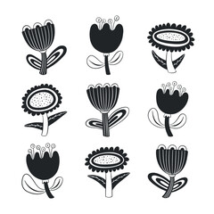 Fototapeta na wymiar Set of black and white floral doodle elements isolated on white background. Monochrome vector illustration for design, print, clothing, tattoo