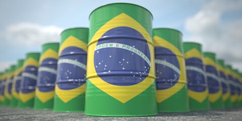 Flag of Brazil on the barrels or steel drums. Chemical or oil industry related 3D rendering