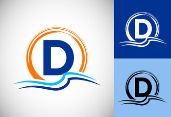 Initial D monogram letter with water ocean waves and the sun. Beach logo design concept