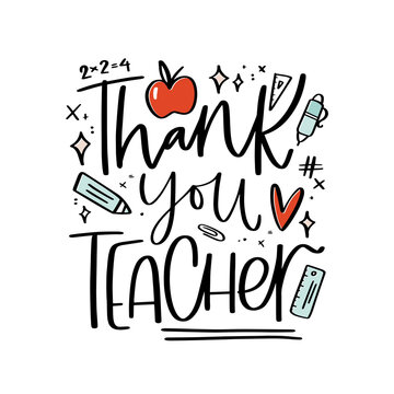 Teacher appreciation card design. Thank you calligraphy message with apple and school supplies. Modern design for gratitude gift print or graduation party banner.