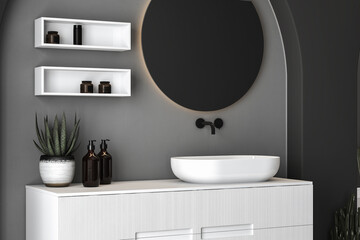 Close up of sink with oval mirror standing in on concrete wall, white cabinet with black faucet in minimalist bathroom. Mock up, stand. Side view. 3d rendering
