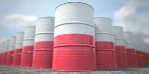 Barrels or oil drums with flag of Poland. Petroleum or chemical industry related 3D rendering
