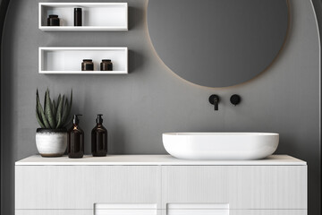 Close up of sink with oval mirror standing in on concrete wall, white cabinet with black faucet in minimalist bathroom. Mock up, stand, front view. 3d rendering
