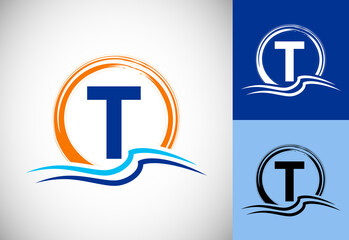 Initial T monogram letter with water ocean waves and the sun. Beach logo design concept