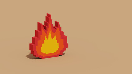 3d voxel pixel art fire icon on blank background