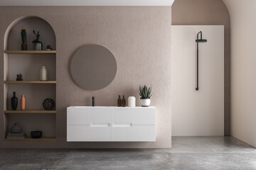 Obraz na płótnie Canvas Modern bathroom interior with beige and white walls, shower area, basin with mirror, shelf and grey concrete floor. 3D rendering