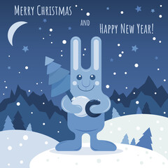 Greeting card for Christmas and New Year with the symbol of the year the Rabbit in blue tones