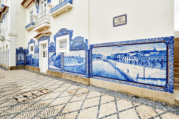 detail of a landscape on a panel of azulejos tiles on the facade of old railways station in Aveiro,...