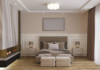 stylish bedroom in light colors with a fireplace and bedside tables, wall panel, silver painting, 3d render of bedroom
