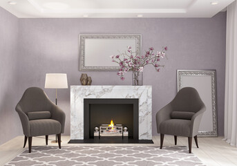 stylish bright living room with a fireplace and two armchairs, picture on the wall, living room 3d render