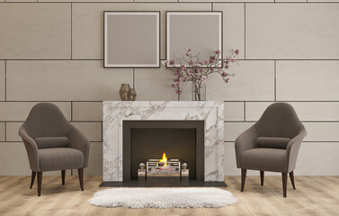 stylish bright living room with a fireplace and two armchairs, picture on the wall, living room 3d render