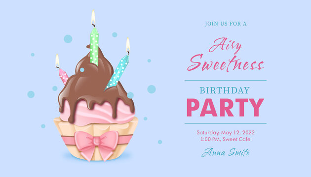 Birthday party banner with chocolate cupcake and candles hung blue
