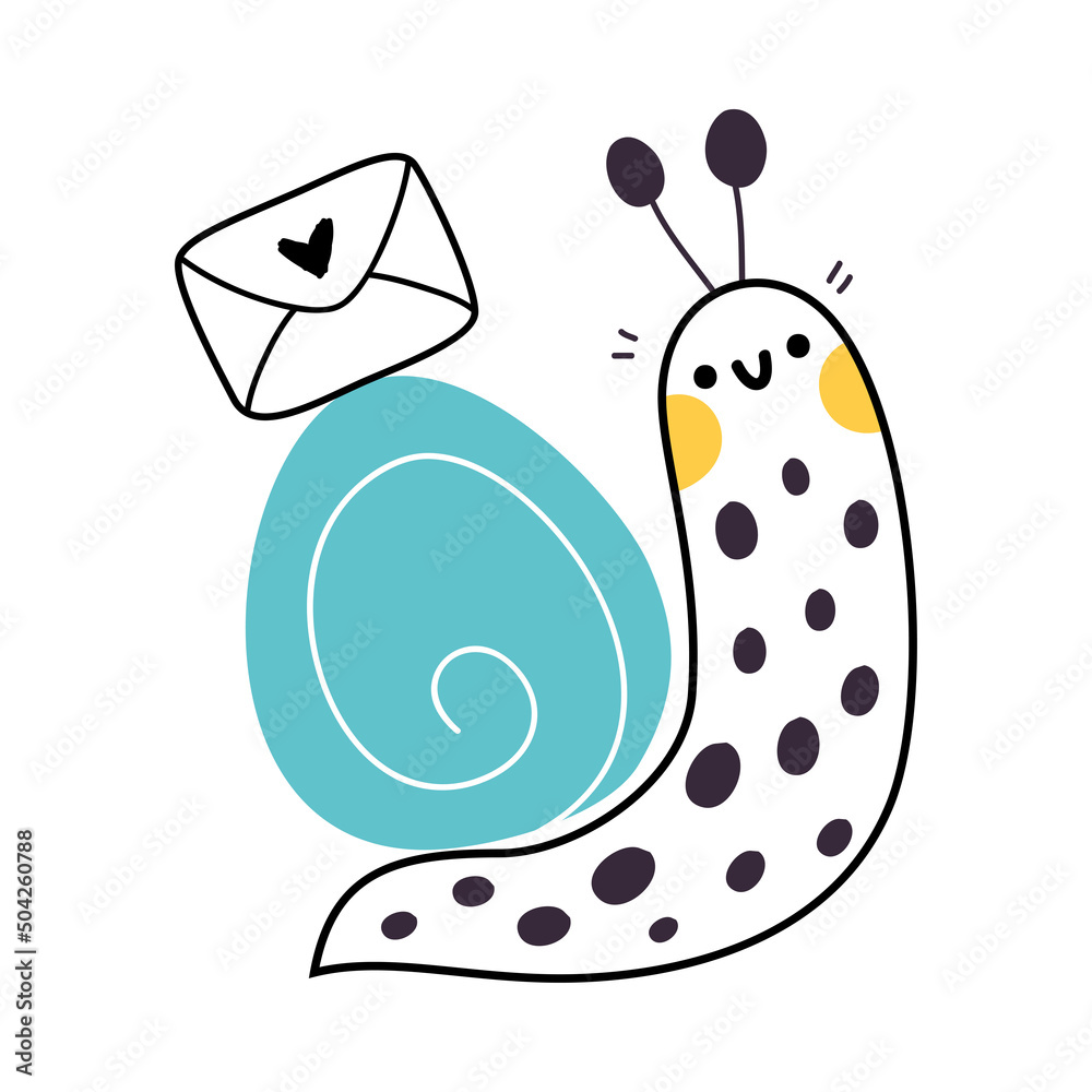 Sticker cute snail character with shell carrying envelope on its back vector illustration