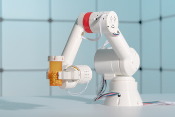 Robot arm with a pills in bottle in the laboratory. The concept of artificial intelligence in...