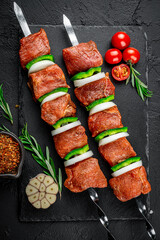 Raw kebab with vegetables. Raw shashlyk