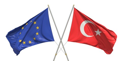 Flags of Turkey and the European Union EU on white background. 3D rendering