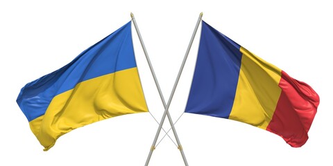 Flags of Romania and Ukraine on light background. 3D rendering