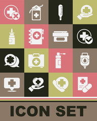 Set Medical prescription, IV bag, Cross hospital medical, thermometer, clipboard, Bottle nasal spray, and Ointment cream tube medicine icon. Vector