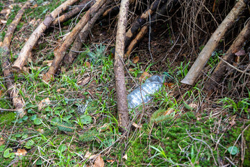 A carelessly throw away plastic water bottle nestled in the moss on a forest path. Plastic trash in the forest. Tucked nature. Season of autumn. World ecology problem.