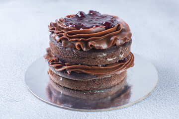 Chocolate cake and blackberry sauce on a gray background