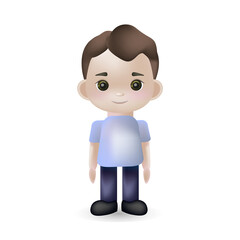 Vector 3d illustration, the boy with light skin and brown hair. Avatar, icon for the application. Kawaii smiling cartoon character. Suitable for children's products, books.