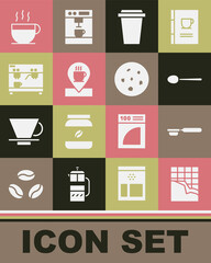 Set Chocolate bar, Coffee filter holder, Spoon, cup to go, Location with coffee, machine, and Cookie or biscuit icon. Vector