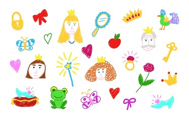 Fototapeta premium Doodle set with prince and princess faces and Fairy tale elements. Children's drawings. Vector illustration