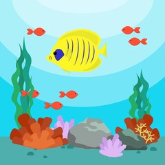 Cartoon underwater sea landscape with fishes and seaweed. Vector background