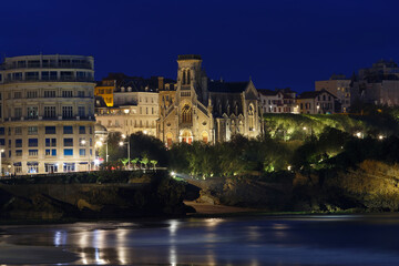 Fototapeta premium Night view of church Saint Eugenie in Biarritz, France