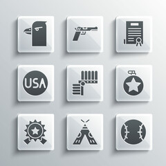 Set Indian teepee or wigwam, Baseball ball, Canteen water bottle, headdress with feathers, Medal star, USA label, Eagle and Declaration of independence icon. Vector