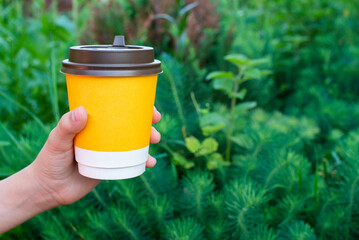 yellow paper cup with brown lid in hand on a background of beautiful green grass