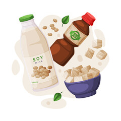 Natural Soy Products from Soybean Plant with Tofu, Sauce and Milk in Bottle Vector Composition