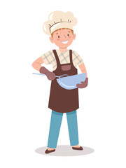 Child is cooking in the kitchen. Little boy beats dough in bowl with whisk. Kid bake cookies. Vector illustration in flat style isolated on white background.