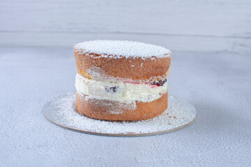 Obraz na płótnie Canvas Traditional vanilla cake with blackberry sauce and powdered sugar on a gray background