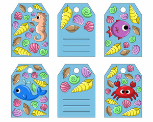 Set with small postcards in form tags. Theme cute cartoon underwater world.