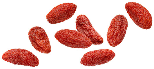 Falling dried goji berries isolated on white background