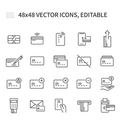 Simple vector line icons. On the theme of credit cards contain icons such as bank card, plastic, contactless payment, chip, terminal, contactless terminal, phone call, documents and more.