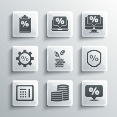 Set Coin money, Discount percent tag, Loan, Dollar plant, Safe, Gear with, Finance document and Percent discount and monitor icon. Vector