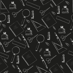 Seamless pattern with about school supplies in line style.School and education concept.