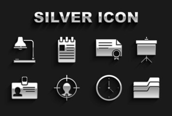 Set Head hunting concept, Chalkboard with diagram, Document folder, Clock, Identification badge, Certificate template, Table lamp and Spiral notebook icon. Vector