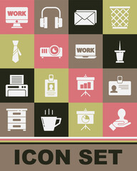Set Hand for search a people, Identification badge, Push pin, Envelope, Movie, film, media projector, Tie, Monitor with text work and Laptop icon. Vector